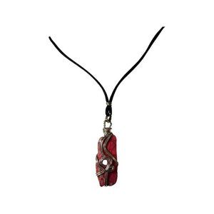 Artisan Wire Wrapped Silver Necklace w/Pink Stone on Adjustable Length Knotted